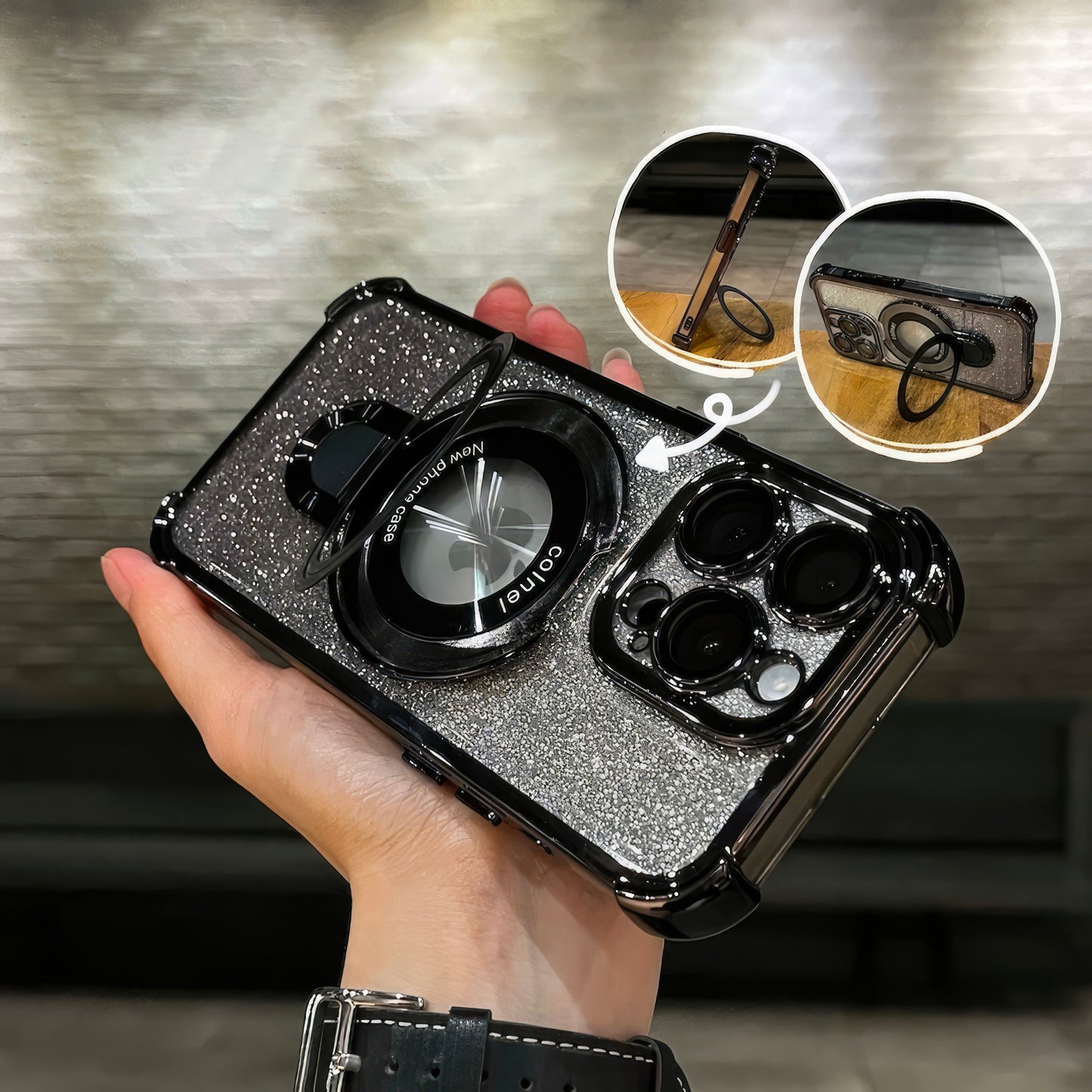 Coque Luxe 15 pro max brillante avec support et protection de caméra intégrée / غطاء لامع لآيفون 15 برو ماكس مع حامل وحماية مدمجة للكاميرا