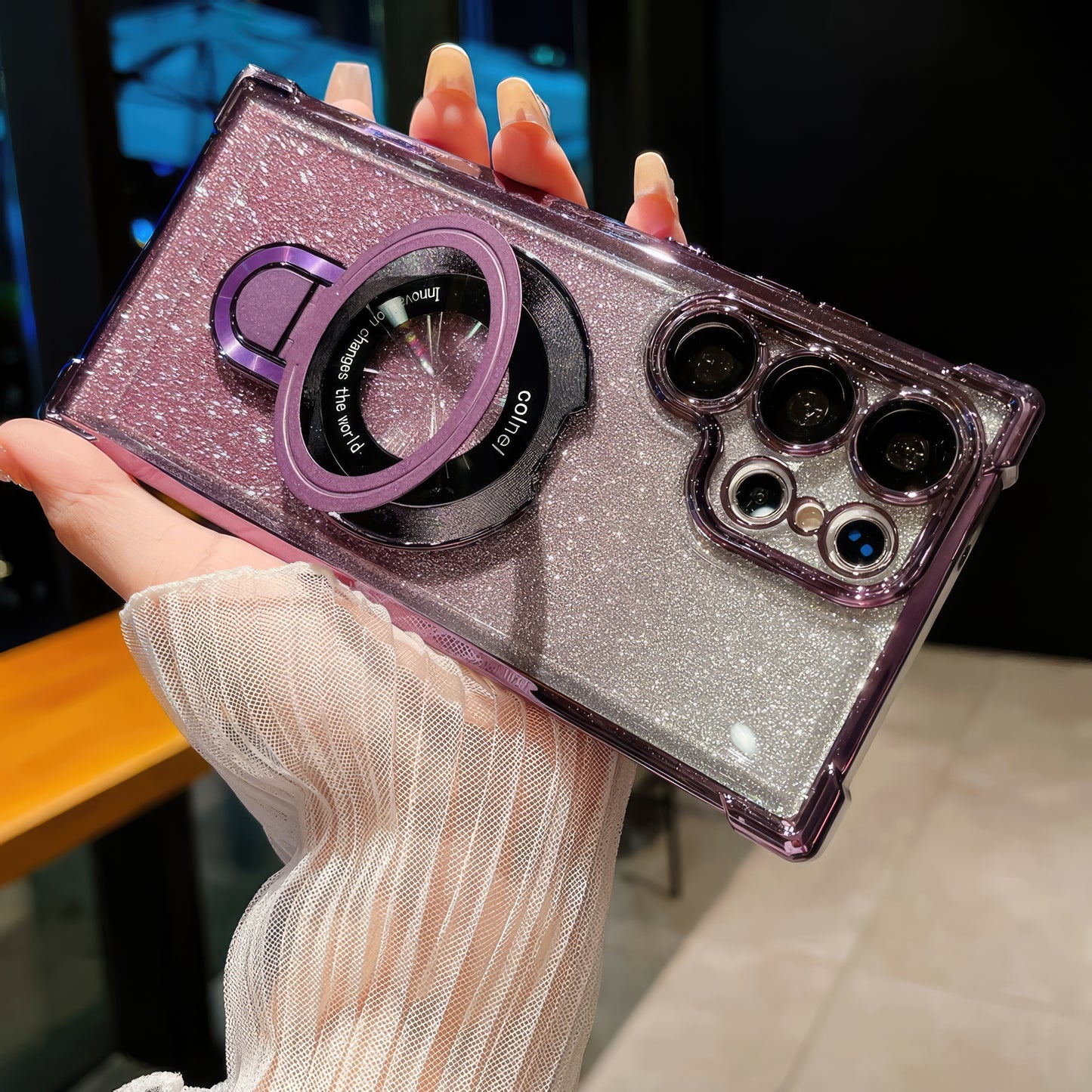 Coque Luxe S25/S24 Ultra brillante avec support et protection de caméra intégrée / غطاء لامع S25/S24 Ultra مع حامل وحماية مدمجة للكاميرا