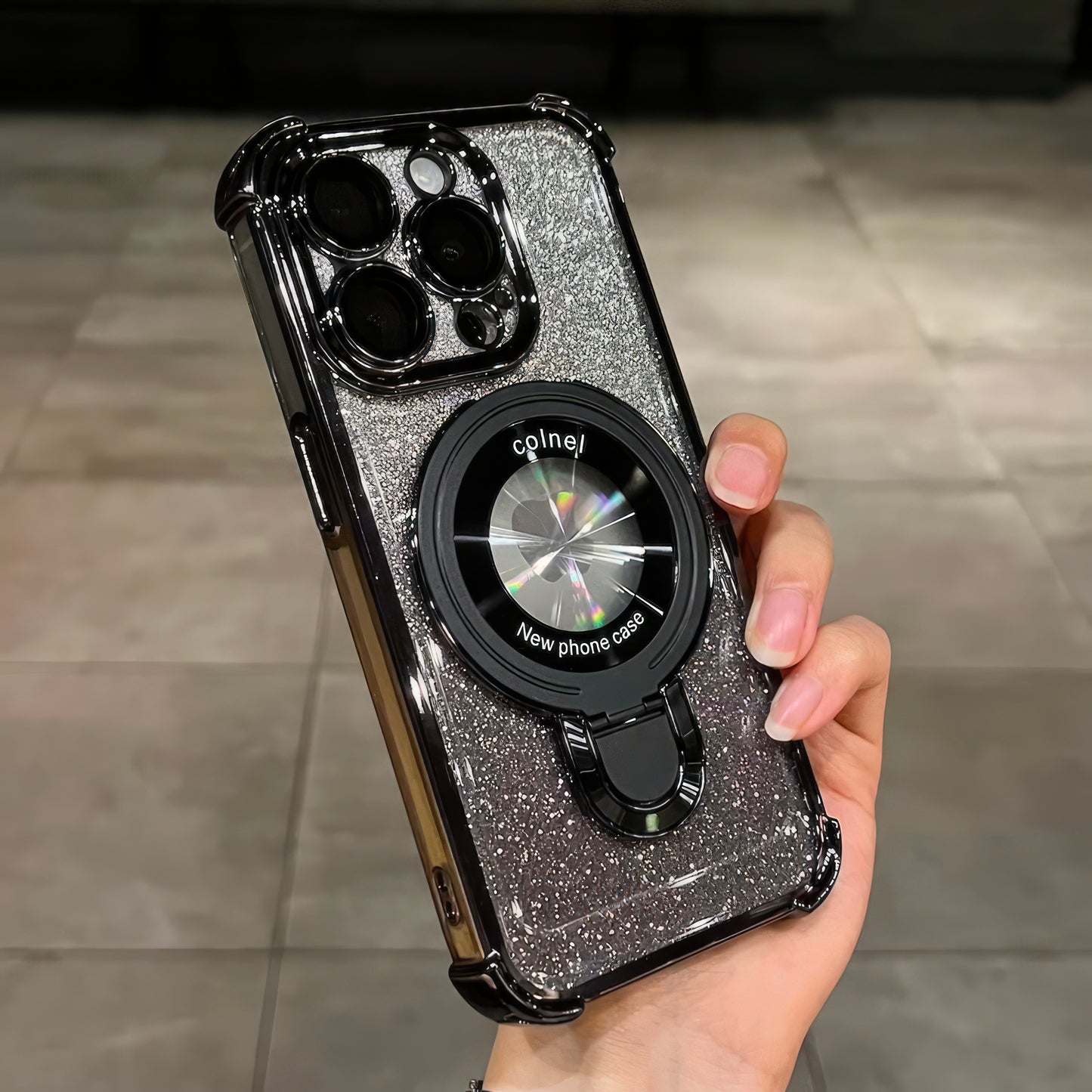 Coque Luxe 15 pro max brillante avec support et protection de caméra intégrée / غطاء لامع لآيفون 15 برو ماكس مع حامل وحماية مدمجة للكاميرا