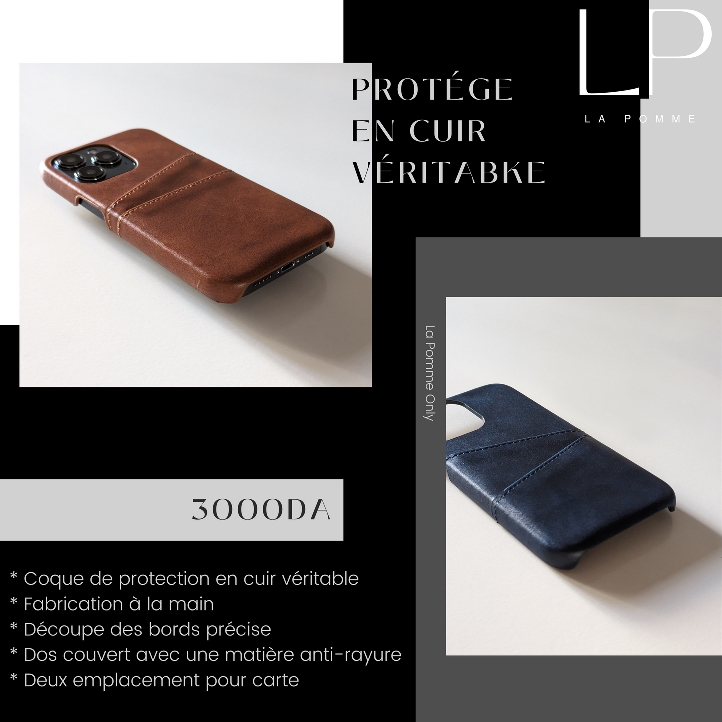 Coque iPhone en cuir véritable avec porte-cartes intégré / غطاء آيفون من جلد طبيعي مع حامل بطاقات مُدمج