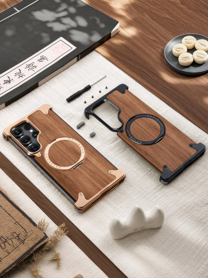 Coque S25 Ultra en Bois Massif et Métal حمايةS25 Ultra فاخرة من الخشب و المعدن