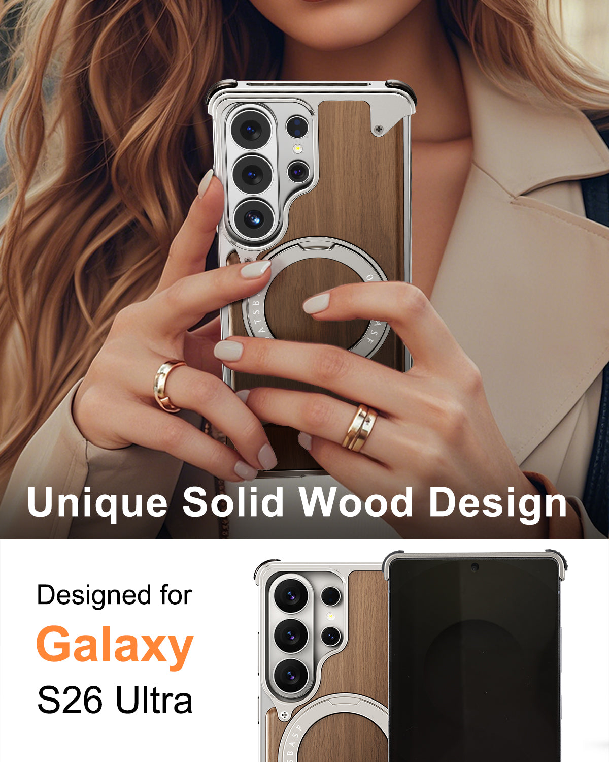 Coque S26 Ultra en Bois Massif et Métal حمايةS26 Ultra فاخرة من الخشب و المعدن