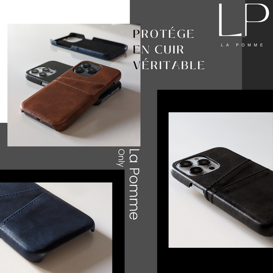 Coque iPhone en cuir véritable avec porte-cartes intégré / غطاء آيفون من جلد طبيعي مع حامل بطاقات مُدمج