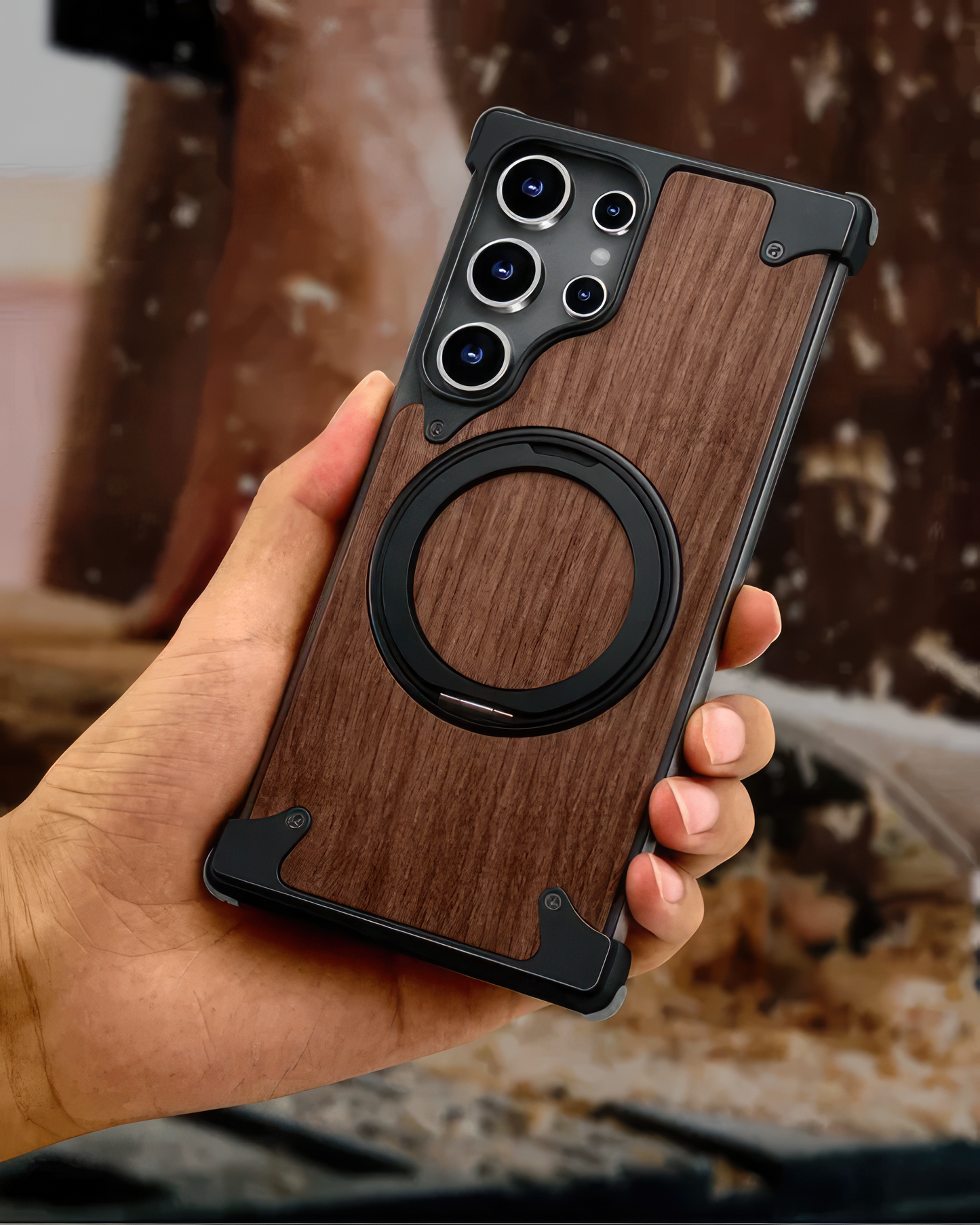 Coque S24 Ultra en Bois Massif et Métal حمايةS24 Ultra فاخرة من الخشب و المعدن